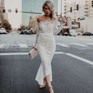 Off the shoulder lace, trumpet high low dress